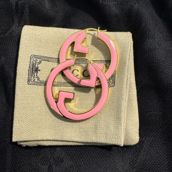 Gucci Marmont GG Pink and Gold Hoop Earrings - Picture 1 of 6